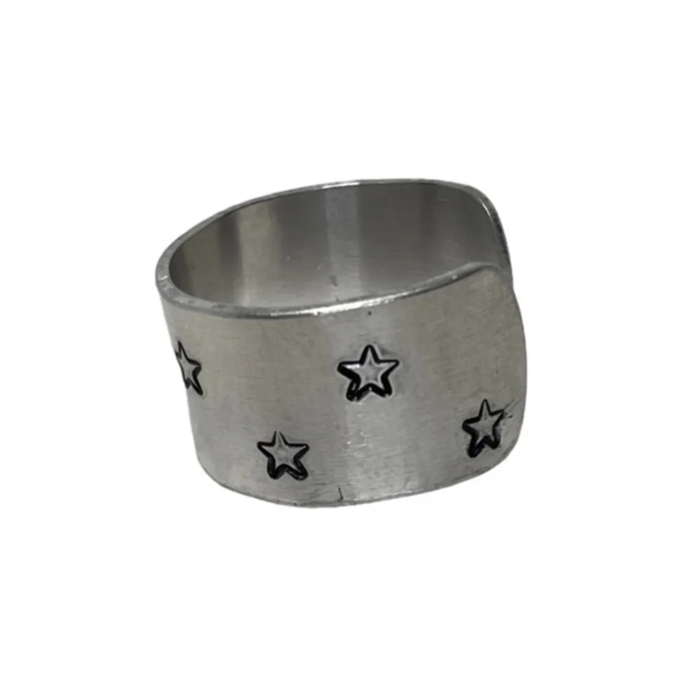 Handmade 9 stamped moon & stars silver adjustable hypoallergenic wide cuff‎ ring